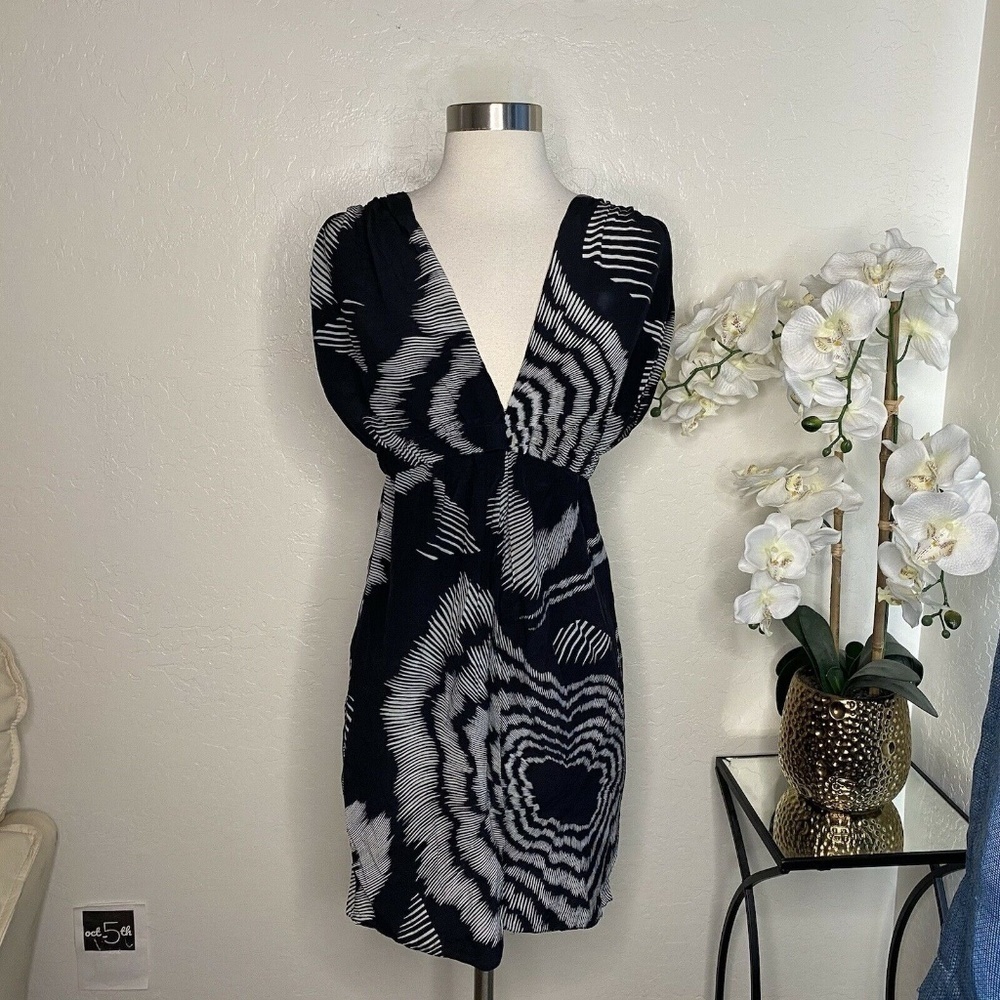 Black Halo Women Silk Black White Print Dress 0